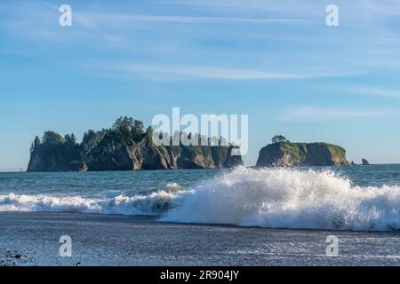 Blick auf die Wellen am Rialto Beach an der Küste des Olympic National Park, WA, USA mit zwei großen Felsformationen oder Inseln im Stockfoto