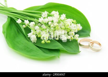 Lily Of The Valley und goldene Ringe, Isolated on White Background Stockfoto