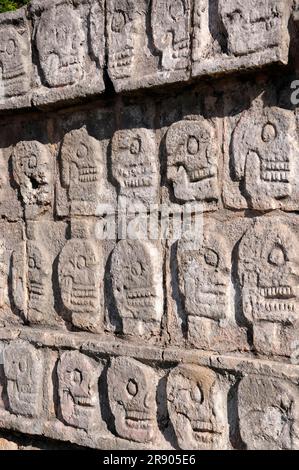 Schädelbefreiung, Plataforma de los Craneos Tzompantli, Chichen Itza, Yucatan, Yucatan, Mexiko Stockfoto