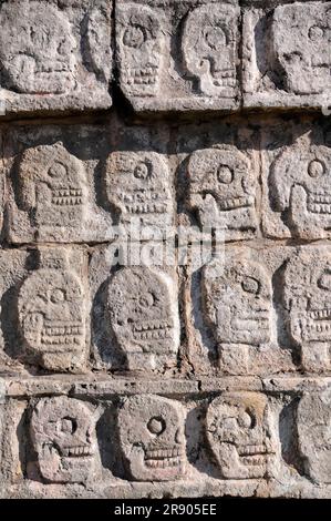 Schädelbefreiung, Plataforma de los Craneos Tzompantli, Chichen Itza, Yucatan, Yucatan, Mexiko Stockfoto