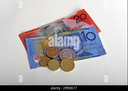 Australische Münzen und Banknoten, Australischer Dollar, 5 Cent, 2, 10, 20 Dollar, Dollarscheine, AUD, frank, Einspruch Stockfoto