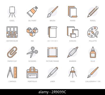 Kunst Zubehör flache Symbole Set. Ölfarben, Aquarelle, Zeichenpapier, Skizzenbuch, Palette, Schreibwaren-Vektordarstellungen. Dünne Zeichen für Stock Vektor