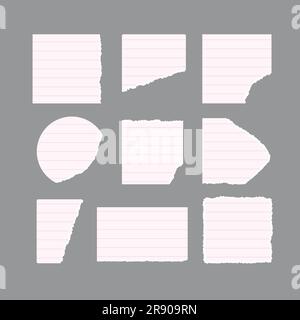 Satz leerer, gerissener, weiß linierter Notizbuchpapierstücke, Vektorabbildungen. Stock Vektor
