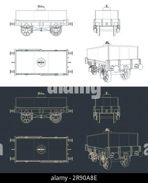 Stilisierte Vektordarstellungen von Blaupausen eines rechteckigen Teer-Tankwagens Stock Vektor