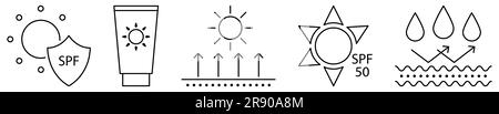 Satz von Symbolen für Sonnenschutzlinien. Sonnencreme und uv-Schutzkonzept Stock Vektor