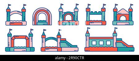 Aufblasbare Hüpfschilder der Burg. Trampolin-Vektorpiktogramme für das Springspiel isoliert auf weißem Hintergrund. Farbenfrohe Illustration Stock Vektor