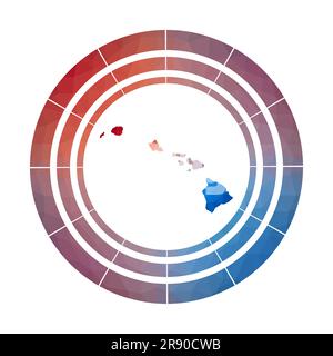 Hawaii-Abzeichen. Helles, verlaufendes Logo der Insel in niedriger Poly-Form. Mehrfarbiges abgerundetes Hawaii-Schild mit Karte im geometrischen Stil für Ihre Infografiken. Stock Vektor