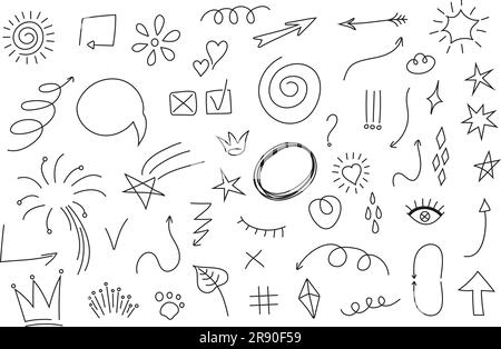 Kritzeln Sie Infografiken Elemente Vektor für soziale Medien. Specech-Blasen, Pfeile, Kronen, Sterne für soziales Netz im handgezeichneten Doodle-Stil. Stock Vektor