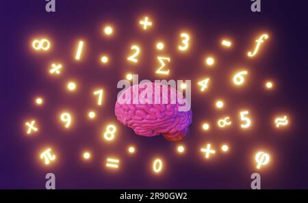 Menschliches Gehirn Zahlen mathematische Symbole 3D-Rendering-Banner. Internationaler Mathematiktag Algebra Math Science. Lernfähigkeiten Ausbildung Gedächtnisimp Stockfoto