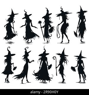 Vektordarstellungen von Halloweens Hexen-Silhouetten-Set Stock Vektor