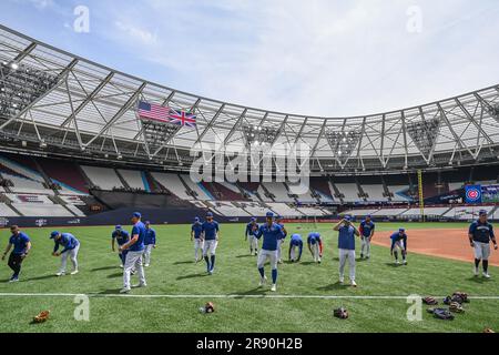 London, Großbritannien. 23. Juni 2023 Chicago Cubs beim MLB London Series Workout Day 2023 für St. Louis Cardinals und Chicago Cubs im London Stadium, London, Großbritannien, 23. Juni 2023 (Foto von Craig Thomas/News Images) in, 6./23. Juni 2023. (Foto: Craig Thomas/News Images/Sipa USA) Guthaben: SIPA USA/Alamy Live News Stockfoto