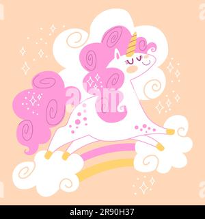 Süßes Cartoon-Einhorn mit rosa Mähne im Regenbogen. Vektor-isolierte Darstellung auf pinkfarbenem Hintergrund. Für Druck, Design, Poster, St. Stock Vektor