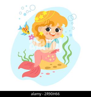 Süße Cartoon-Meerjungfrau mit rosa Schwänzen und einem Freund Fisch. Isolierte Vektorgrafik im flachen Stil. Weißer Hintergrund. Für Druck, Design, Poster, St. Stock Vektor