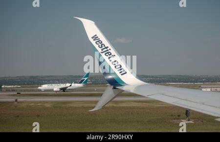 WestJet-Flugzeuge auf der Servicerampe am Calgary Airport in Alberta, Kanada. Stockfoto