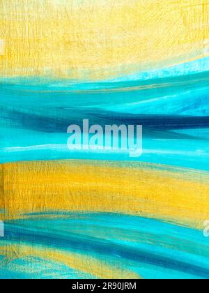 Blaue und goldene Streifen, kreativer abstrakter handgemalter Hintergrund, Pinselstruktur, Acrylmalerei auf Leinwand. Moderne Kunst. Zeitgenössische Kunst. Stockfoto