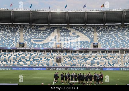 Tiflis, Georgia. 23. Juni 2023. Die belgischen Spieler wurden während eines Trainings der belgischen Fußballmannschaft U21 bei der UEFA-Europameisterschaft Under21 in Tiflis, Georgien, am Freitag, den 23. Juni 2023, fotografiert. Die UEFA-Europameisterschaft Under21 findet vom 21. Juni bis zum 08. Juli in Georgien und Rumänien statt. BELGA FOTO BRUNO FAHY Kredit: Belga News Agency/Alamy Live News Stockfoto