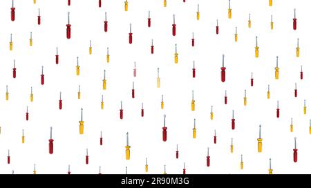 Textur, nahtloses abstraktes Muster aus Metallkonstruktion, gelbe und rote Kunststoffschraubendreher zur Reparatur, Werkzeug auf weißem Hintergrund. Vektordarstellung Stock Vektor