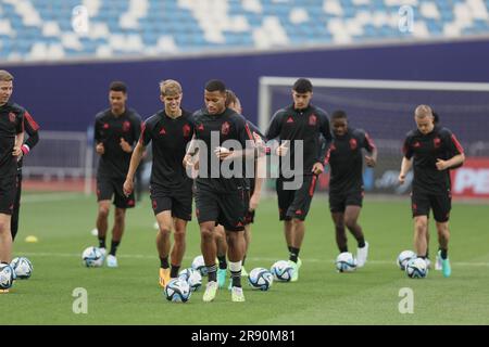 Tiflis, Georgia. 23. Juni 2023. Die belgischen Spieler wurden während eines Trainings der belgischen Fußballmannschaft U21 bei der UEFA-Europameisterschaft Under21 in Tiflis, Georgien, am Freitag, den 23. Juni 2023, fotografiert. Die UEFA-Europameisterschaft Under21 findet vom 21. Juni bis zum 08. Juli in Georgien und Rumänien statt. BELGA FOTO BRUNO FAHY Kredit: Belga News Agency/Alamy Live News Stockfoto