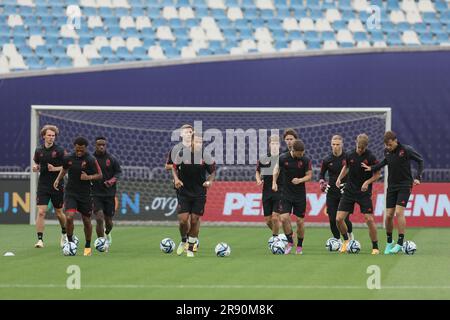 Tiflis, Georgia. 23. Juni 2023. Die belgischen Spieler wurden während eines Trainings der belgischen Fußballmannschaft U21 bei der UEFA-Europameisterschaft Under21 in Tiflis, Georgien, am Freitag, den 23. Juni 2023, fotografiert. Die UEFA-Europameisterschaft Under21 findet vom 21. Juni bis zum 08. Juli in Georgien und Rumänien statt. BELGA FOTO BRUNO FAHY Kredit: Belga News Agency/Alamy Live News Stockfoto