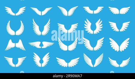 Weißer Flügel mit langer Feder. Engel- oder Vogelflügel flaches Symbolset. Flugzeugpilotenausweis. Heraldic Vintage Army Insignia Emblem falcon phoenix hawk. Fliegender Flügelrahmen. Aufkleber mit Biker-Logo Stock Vektor