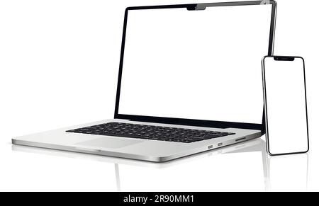 Laptop, Tablet und Mobiltelefon. Flach liegendes detailliertes und realistisches Gerätemodell Stock Vektor