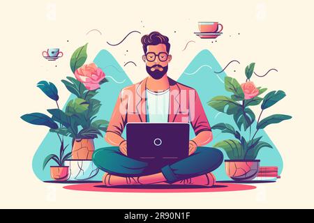Ein Typ sitzt in einer entspannten Pose und arbeitet an einem Laptop im Hintergrund mit Bergen und Blumen in Töpfen. Moderne Arbeitsumgebung oder Remote Work Co Stock Vektor