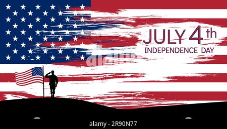 Stilisiertes Amerikanisches Flaggendesign. Silhouette eines Soldaten auf einem Hügel vor dem Hintergrund der Flagge. Feiertag Unabhängigkeitstag 4. Juli. Stock Vektor