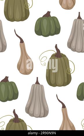 Nahtloses Vektormuster mit grauen und grünen Kürbissen auf weißem Hintergrund. Einfache Konsistenz mit gemütlichem Gemüse. Herbsthintergrund für Stoffe Stock Vektor