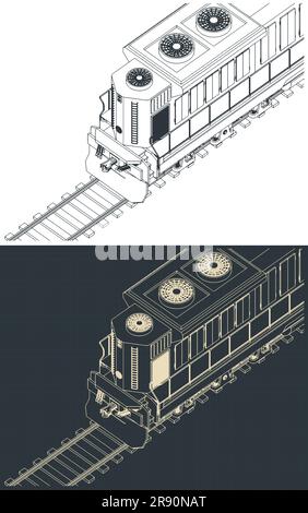 Stilisierte Vektordarstellungen isometrischer Blaupausen von Diesellokomotiven-Nahaufnahmen Stock Vektor