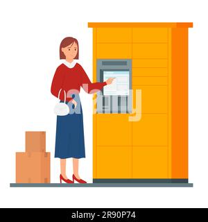 Cartoon Woman, die packstation in einem automatischen Schließfach mit Display verwendet, um Pakete in Papierkartons zu empfangen oder zu versenden, sowie die Lieferung und Lagerung von Paketen in postomat. Selbstbedienung in der Postfiliale Stock Vektor