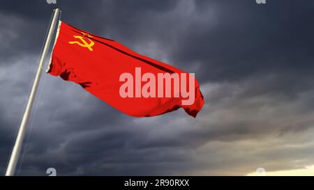 Süße Flagge der Sowjetunion (UdSSR, SSSR) auf schweren dunklen Wolken bg - abstraktes 3D-Rendering Stockfoto