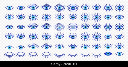 Vector Simple Flat Blue Outline Evil Eye-Symbole. Linear Offene, geschlossene Augen Bilder, Schlafaugenformen mit Augenlider, Übersichts- und Suchzeichen Stock Vektor