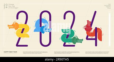 Abstrakte chinesische Drachen Kombination Nummer 2024 Happy New Year horizontales Banner. Farbenfrohes China Tierdrachen-Set. Grafische asiatische Feier farbenfrohe Kunstwerke. Modernes orientalisches Gemälde Stock Vektor