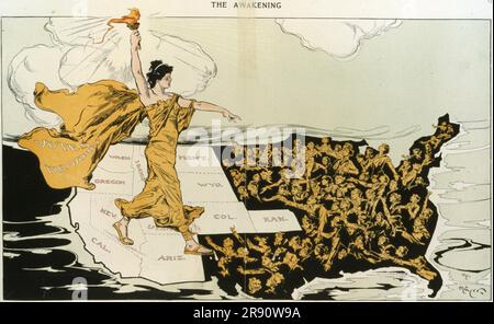 Eine klassische Wahlkampagne illustriert „das Erwachen“ von Hy Mayer (1915), in der eine Frau dargestellt wird, die über eine Karte der USA läuft und Licht aus den Staaten bringt, die ein allgemeines Wahlrecht für diejenigen erlaubten, die es nicht taten. Stockfoto