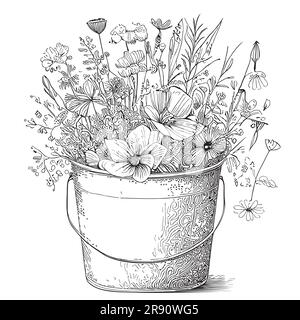 Wildblumen in einem Eimer, handgezeichnet in Doodle-Style-Illustration Stock Vektor