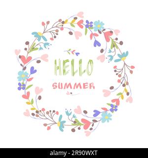 Hallo Sommer Blumenrahmenbanner. Farbenfroher Kranz mit Blumen. Flaches Vektor-Cartoon-Design. Blumenkranz im flachen Stil. Stock Vektor