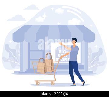 Einzelhandelskonzept, Big Box Discounter, Anker und isoliertes Geschäft, Einkaufszentrum, Kundengewinnung, Outlet Mall, Supermarkt Merchandising, Flach V Stock Vektor