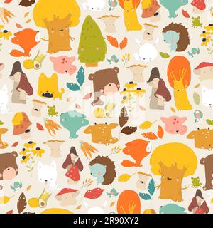 Nahtloses Muster mit Cartoon Woodland Tieren und Bäumen Stock Vektor