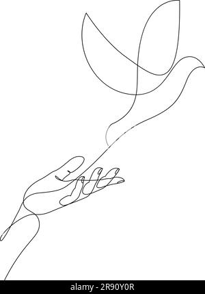 Einen Vogel von der Hand zum Flug freisetzen, durchgehende eine Strichzeichnung. Symbol der Freiheit durch eine einzelne Linie gezeichnet. Vektordarstellung Stock Vektor