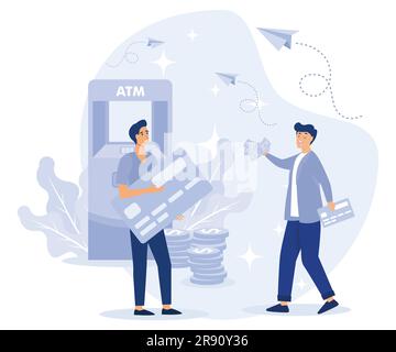 ATM-Konzept. Winzige Leute, die in der Schlange neben dem geldautomaten warteten und mit Kreditkarte und Geld halfen. Bankterminal. Online-Zahlung, flacher Vektor, moderne Illustra Stock Vektor