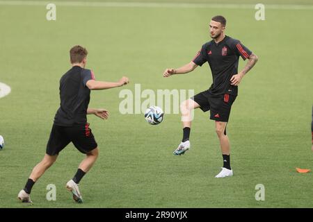 Tiflis, Georgia. 23. Juni 2023. Belgiens Zeno Debast wurde während eines Trainings der belgischen Fußballmannschaft U21 bei der UEFA-Europameisterschaft Under21 in Tiflis, Georgien, am Freitag, den 23. Juni 2023 gezeigt. Die UEFA-Europameisterschaft Under21 findet vom 21. Juni bis zum 08. Juli in Georgien und Rumänien statt. BELGA FOTO BRUNO FAHY Kredit: Belga News Agency/Alamy Live News Stockfoto