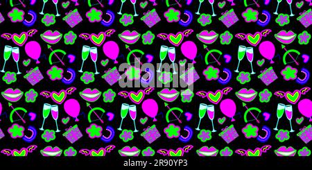 Nahtloses Vektormuster. Leuchtende Herzen, Kaffee, Eis, Süßigkeiten auf schwarzem Hintergrund, SMS-Liebe, festlich romantisch. EPS10-Vektor. Stock Vektor