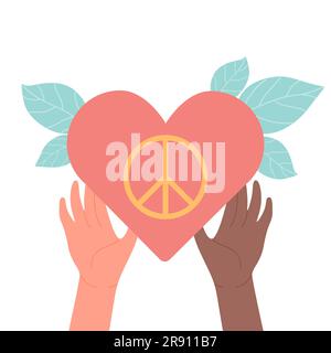 Hände, die Herz halten, mit Peace Hippy-Symbol in der Konzeptvektordarstellung Stock Vektor