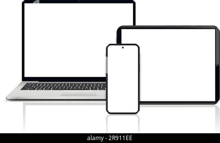 Laptop, Tablet und Mobiltelefon. Flach liegendes detailliertes und realistisches Gerätemodell Stock Vektor