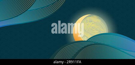 Mitte-Herbst-Festival, Vollmond, Wolken, Gold auf Dunkelheit. Design in modernem Stil. Konzept für traditionelle asiatische Urlaubskarte, Poster, Banner. Vektor Stock Vektor