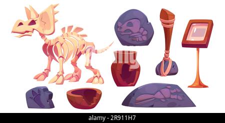 Fossil-Dinosaurier-Skelett für Museumsvektor-Cartoon-Ikonenset. Steinabdruck, Triceratops-Knochen und -Schädel auf dem Hintergrund isoliert. Graben Sie eine uralte jurassic Archäologe Entdeckungsausstellung mit zerbrochener Vase Stock Vektor