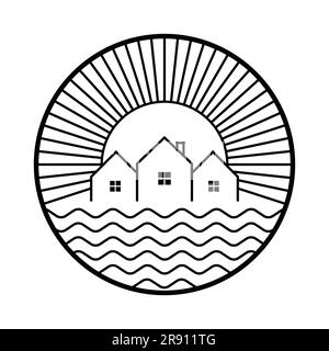 Design mit Haus-, Meer- und Sonnenvektoren. Flaches Kreissymbol. Stock Vektor