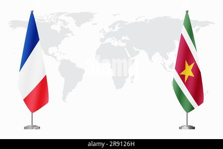 Flaggen von Frankreich und Suriname für offizielles Treffen vor dem Hintergrund der Weltkarte. Stock Vektor