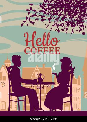 Hallo Coffee Street Cafe, Paar am Tisch, Herbststimmung Stock Vektor