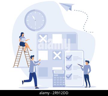 Effektives Zeitmanagement und Organisationsprozess des Business-Teams, Mitarbeiter organisieren Arbeitsaufgaben mit Zeitplänen, flacher Vektor und moderner Illustration Stock Vektor